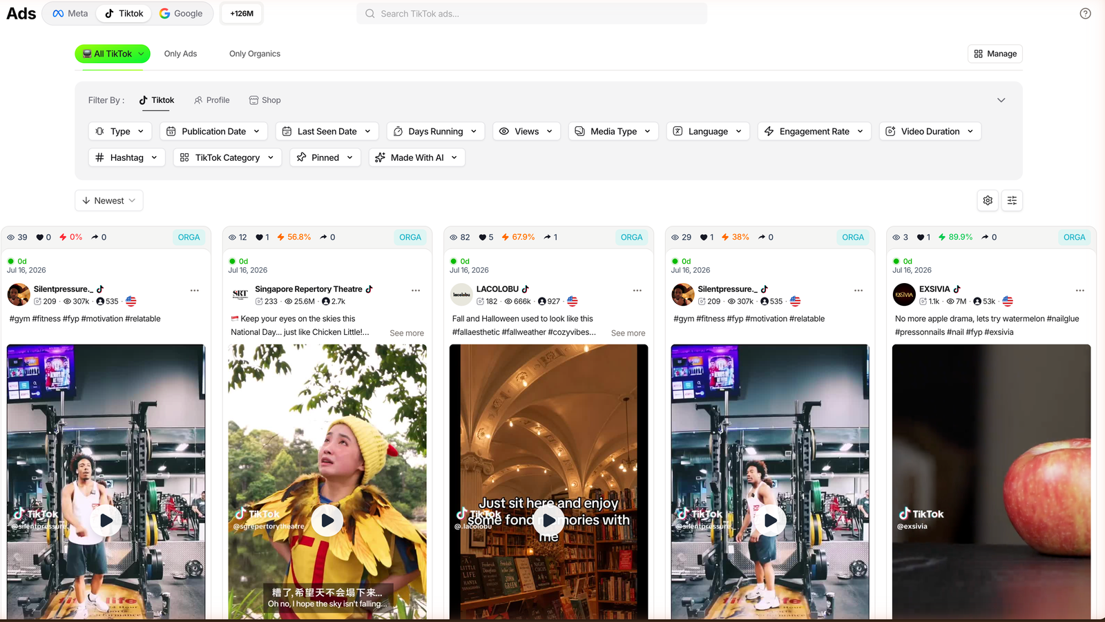 TrendTrack Ads module on the TikTok tab showing more than 126 million TikTok ads with filters for niche, type, hashtag and engagement rate