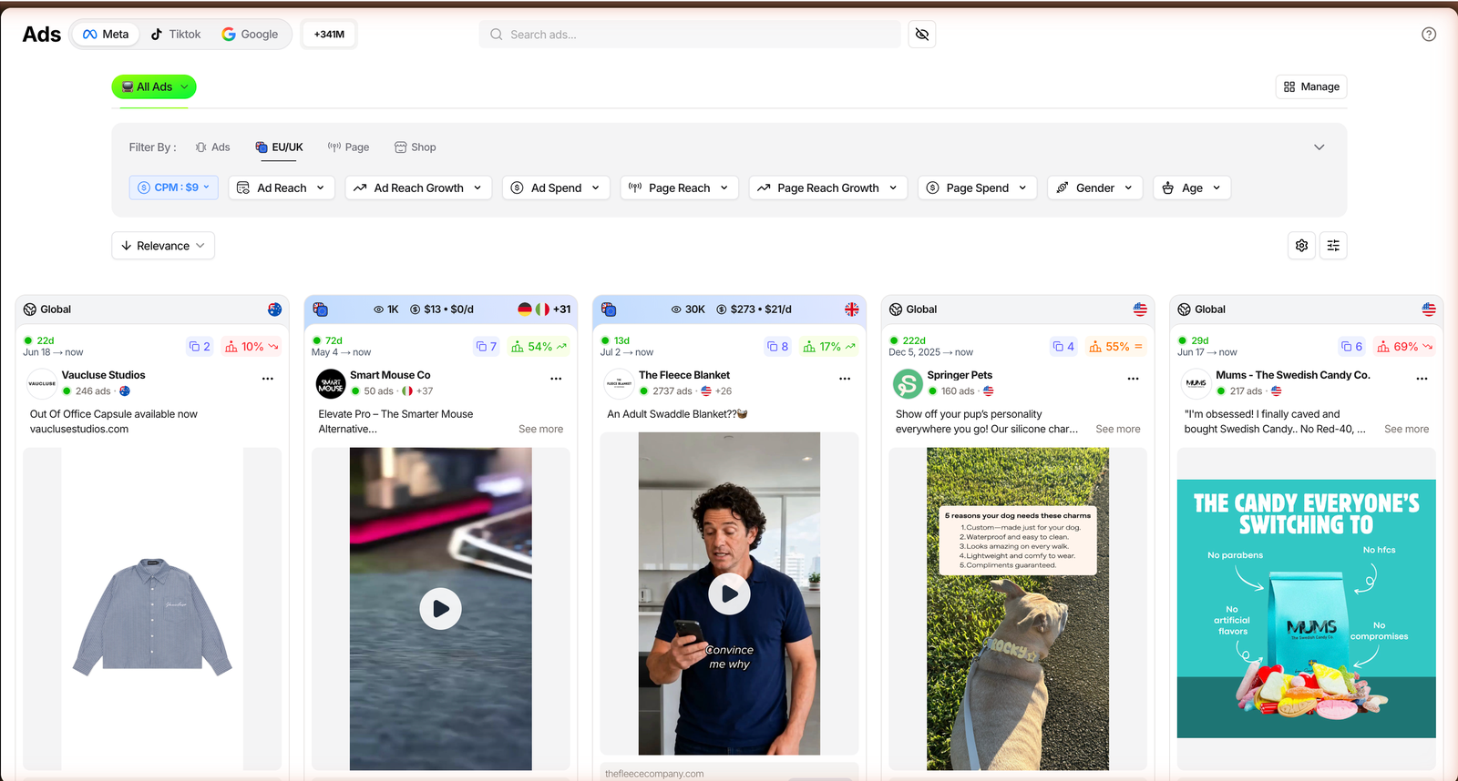 TrendTrack Ads library on the Meta tab, showing active creatives each tagged with an ad rank and a growth percentage.