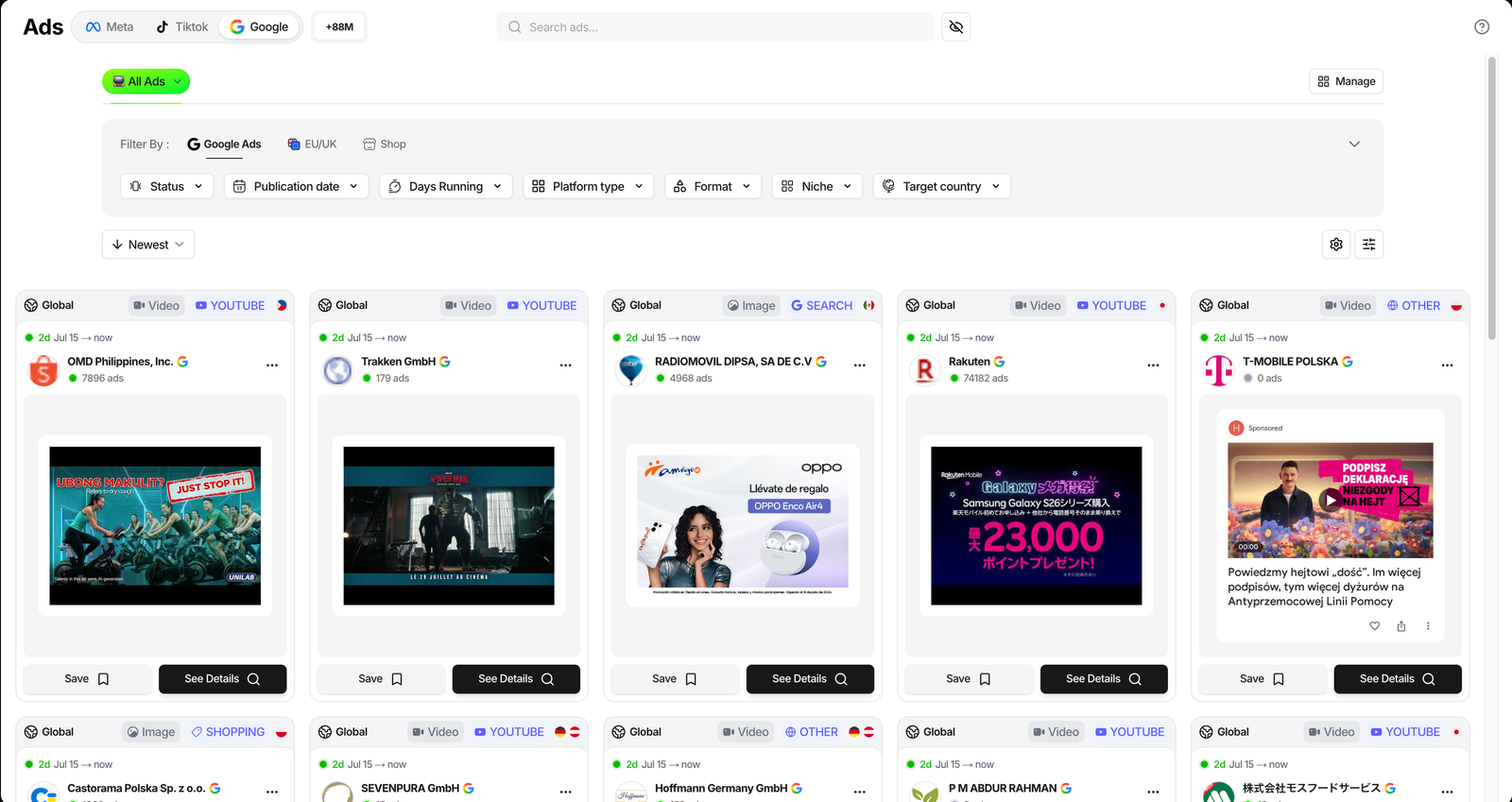 TrendTrack Ads module Google tab showing 88M+ Google ads with YouTube, Search and Shopping channel badges