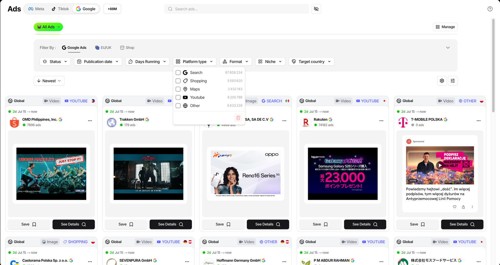 TrendTrack Platform type filter with live Google ad counts per channel
