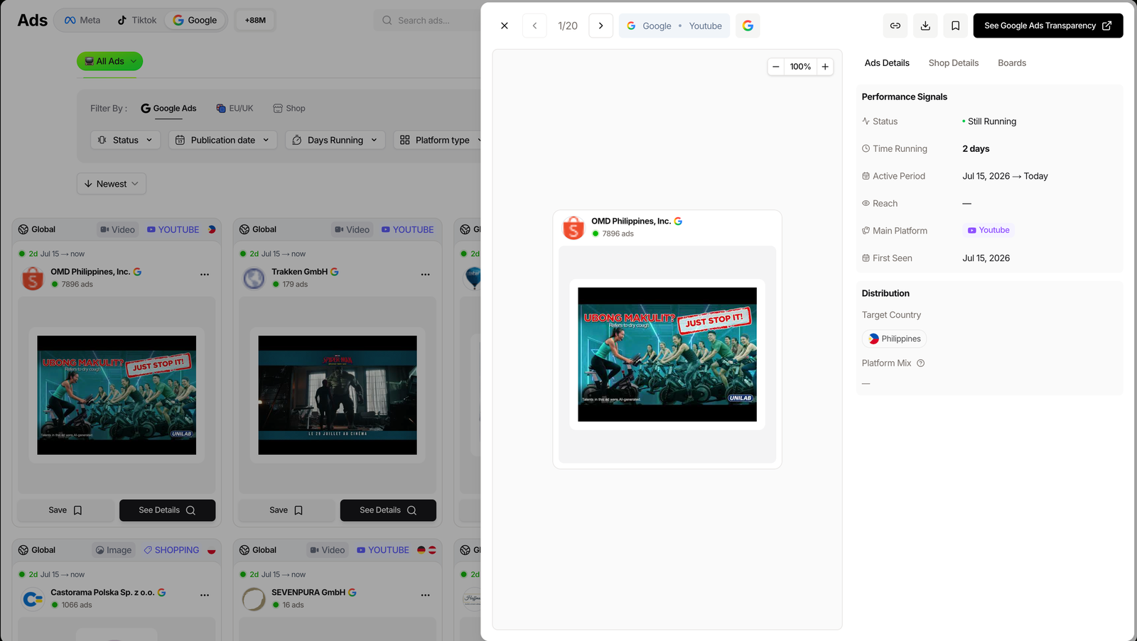 TrendTrack Google ad detail modal showing Performance Signals and a See Google Ads Transparency link