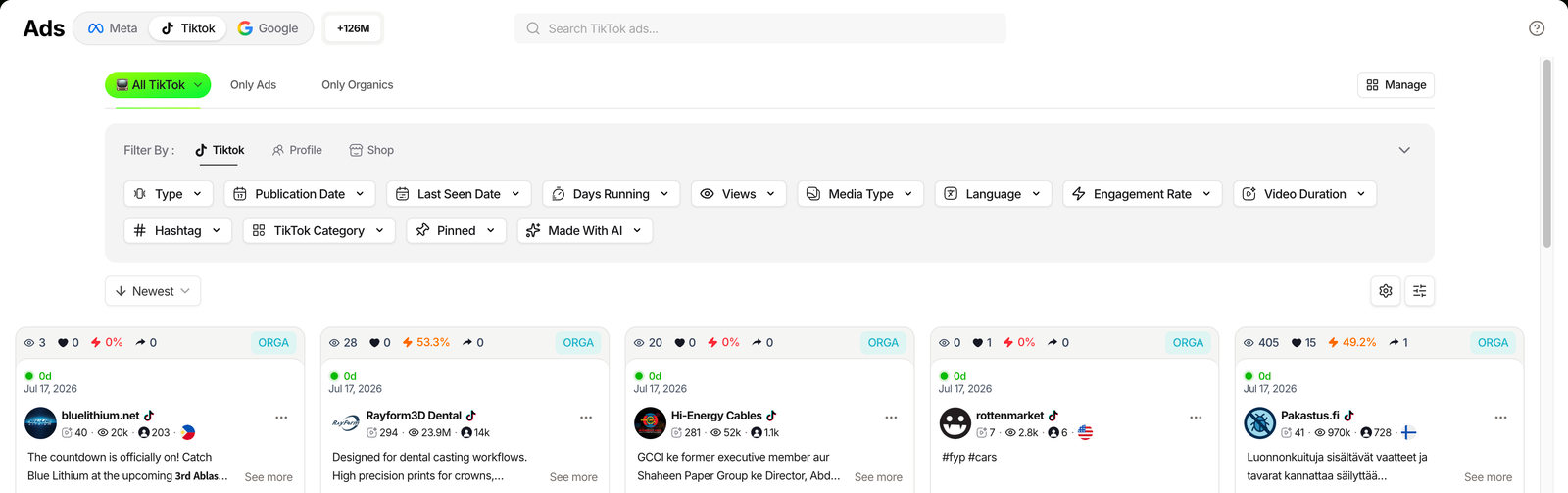 TrendTrack Ads module on the TikTok tab, searching the whole library with filters and All TikTok, Only Ads and Only Organics toggles