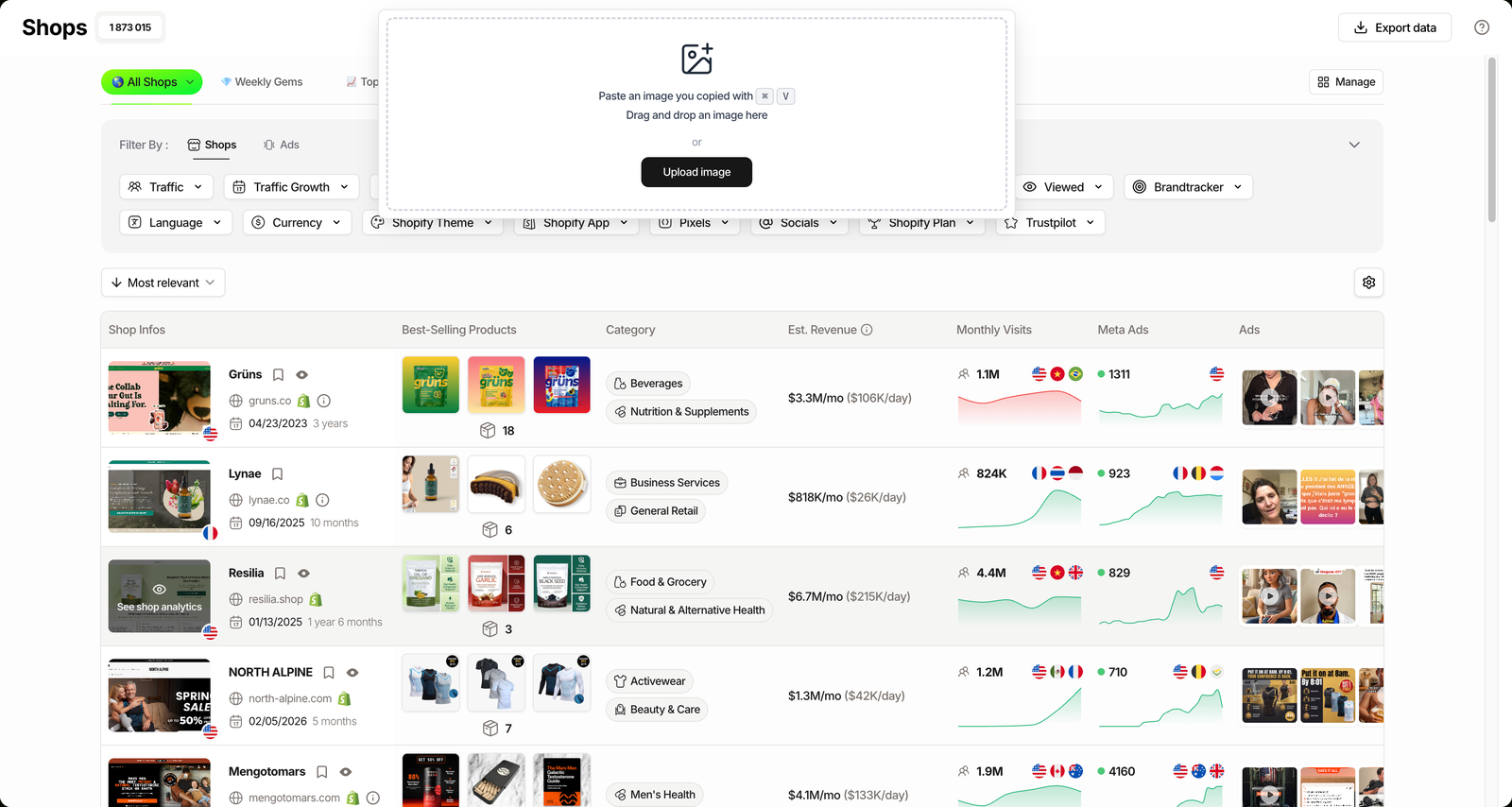 TrendTrack AI Image Search drop zone with paste, drag and drop, and upload image options