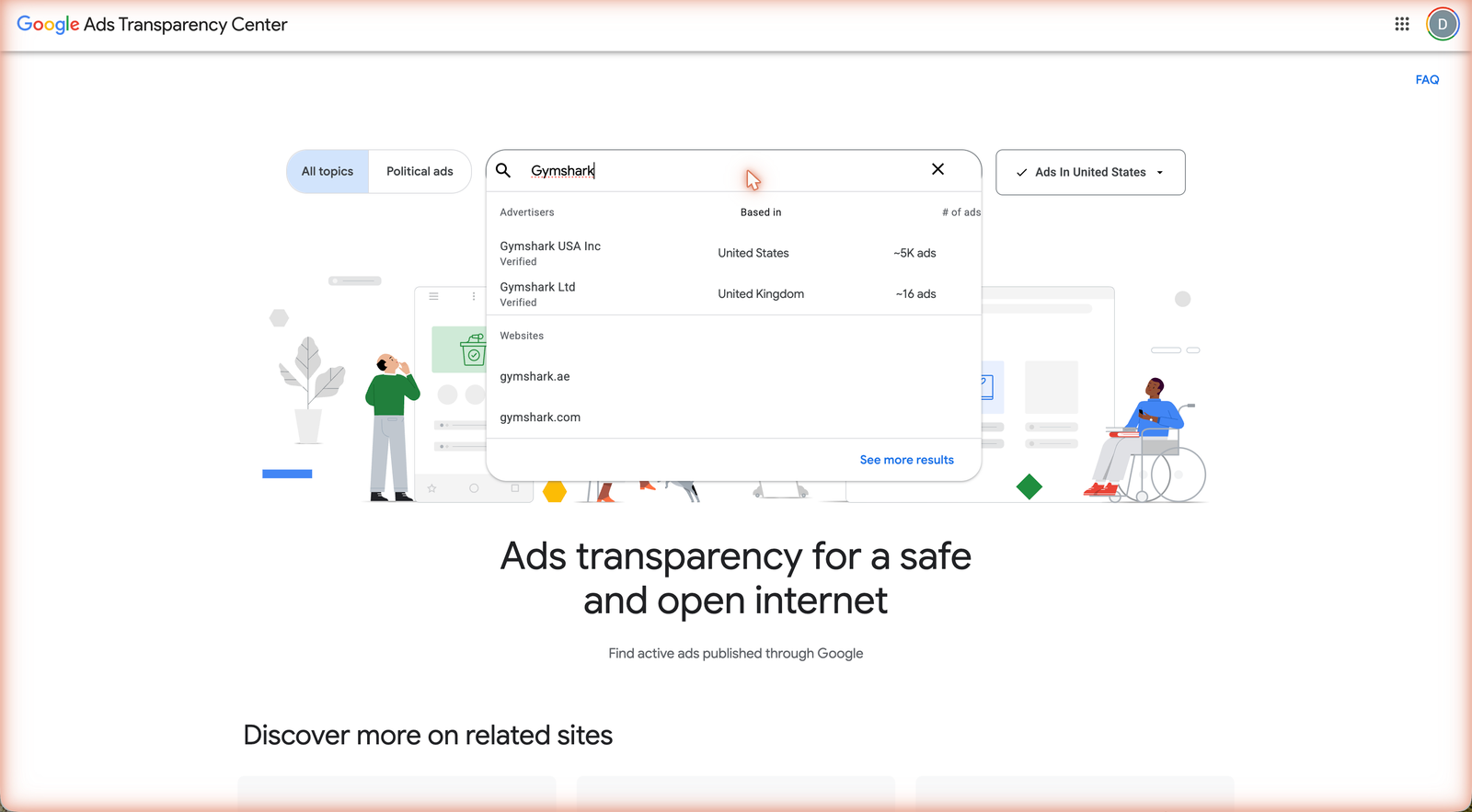 Google Ads Transparency Center search showing Gymshark verified advertisers and ad counts