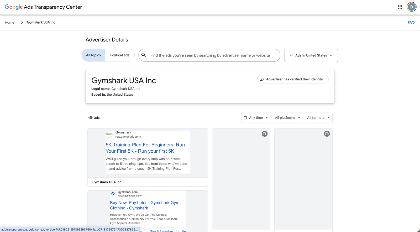 Google Ads Transparency Center advertiser page with region, date and format filters